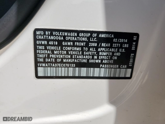 2014 Volkswagen Passat Wolfsburg Ed with VIN 1VWAT7A37EC075133, listed as a Copart auction lot 50985595 with 117,838 mi miles and Salvage Title. Bid and sale history available at carsss.com. Image 14.