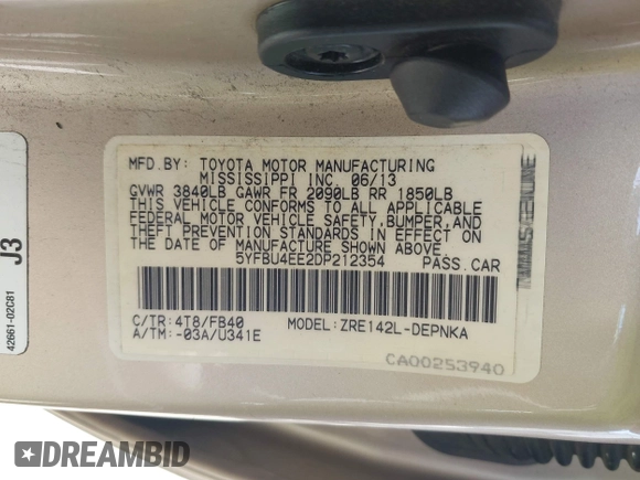 2013 Toyota Corolla L with VIN 5YFBU4EE2DP212354, listed as a IAAI auction lot 42023008 with 193,833 mi miles and . Bid and sale history available at DreamBid. Image 9.