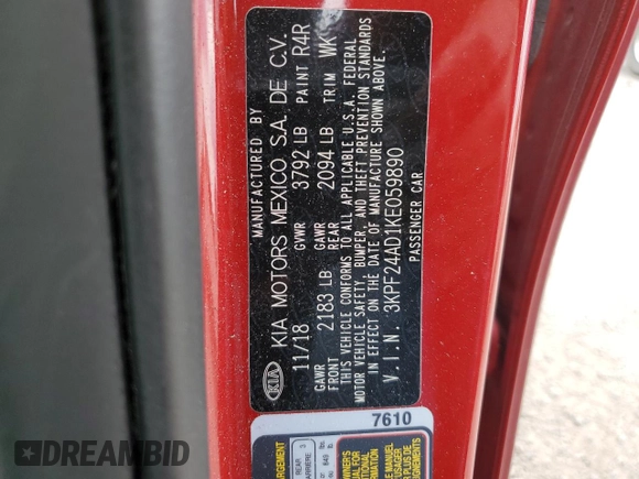 2019 Kia Forte LXS with VIN 3KPF24AD1KE059890, listed as a Copart auction lot 58013165 with 64,748 mi miles and Salvage title. Bid and sale history available at DreamBid. Image 12.