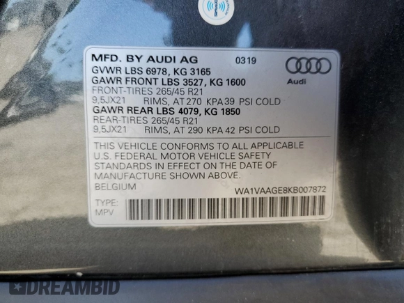 2019 Audi e-tron Prestige with VIN WA1VAAGE8KB007872, listed as a Copart auction lot 66012863 with 37,542 mi miles. Bid and sale history available at carsss.com. Image 12.