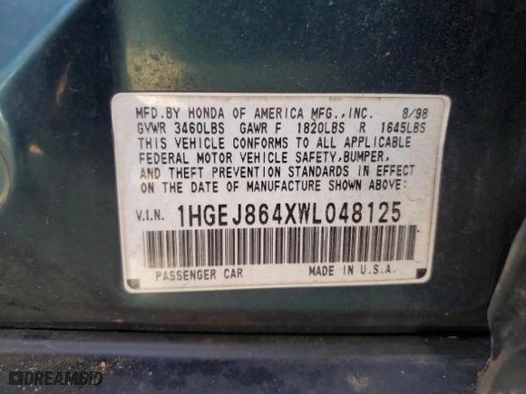 1998 Honda Civic EX with VIN 1HGEJ864XWL048125, listed as a Copart auction lot 73940844 with 146,271 mi miles and Salvage Title. Bid and sale history available at carsss.com. Image 12.