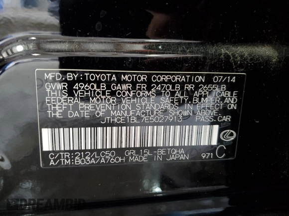 2014 Lexus GS 350 with VIN JTHCE1BL7E5027913, listed as a Copart auction lot 70647534 with 154,124 mi miles and Salvage Title. Bid and sale history available at carsss.com. Image 12.