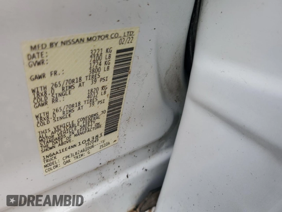 2022 Nissan Titan SV with VIN 1N6AA1EE4NN104381, listed as a Copart auction lot 48473665 with Not provided miles and Non repairable. Bid and sale history available at DreamBid. Image 12.