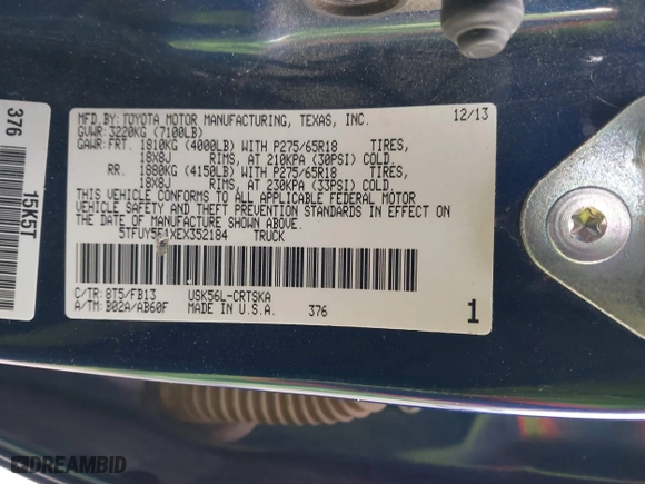 2014 Toyota Tundra 4WD Truck SR with VIN 5TFUY5F1XEX352184, listed as a IAAI auction lot 40732632 with 107,262 mi miles. Bid and sale history available at carsss.com. Image 9.