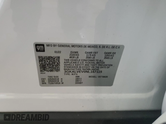 2022 GMC Terrain SLT with VIN 3GKALVEV0NL167115, listed as a Copart auction lot 59292835 with 93,799 mi miles and Salvage title. Bid and sale history available at DreamBid. Image 13.