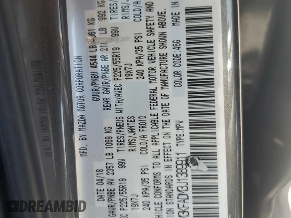 2018 Mazda CX-5 Grand Touring with VIN JM3KFADM3J1389911, listed as a Copart auction lot 60530295 with 103,177 mi miles and Salvage title. Bid and sale history available at DreamBid. Image 13.
