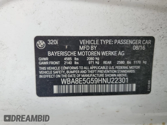 2017 BMW 3 Series 320i xDrive with VIN WBA8E5G59HNU22301, listed as a Copart auction lot 56942365 with 118,041 mi miles and Salvage title. Bid and sale history available at DreamBid. Image 12.