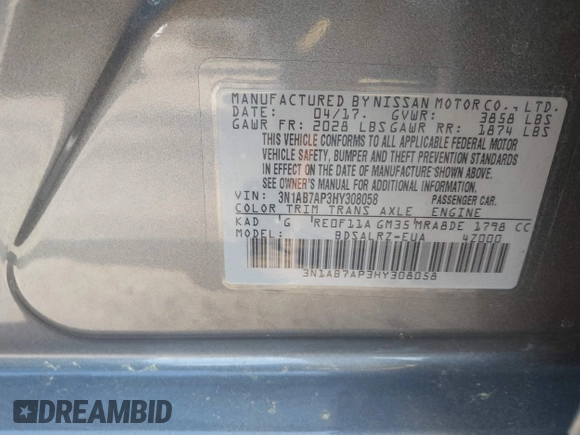 2017 Nissan Sentra S with VIN 3N1AB7AP3HY308058, listed as a IAAI auction lot 42171356 with 130,736 mi miles and . Bid and sale history available at DreamBid. Image 9.