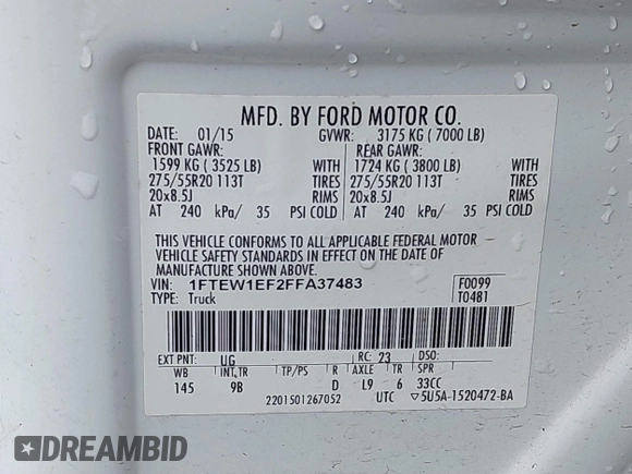 2015 Ford F-150 XLT with VIN 1FTEW1EF2FFA37483, listed as a IAAI auction lot 41489382 with 117,277 mi miles. Bid and sale history available at carsss.com. Image 9.