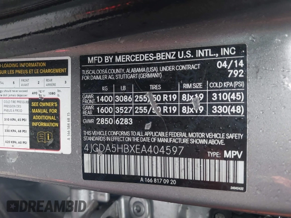 2014 Mercedes-Benz M 350 z VIN 4JGDA5HBXEA404597, wystawiony jako IAAI lot #42346070 z przebiegiem 123 987 mil mil oraz . Historia ofert i sprzedaży dostępna na DreamBid. Obrazek 9.