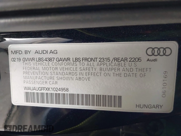 2019 Audi A3 Premium with VIN WAUAUGFFXK1024958, listed as a IAAI auction lot 41840924 with 47,218 mi miles and . Bid and sale history available at DreamBid. Image 9.