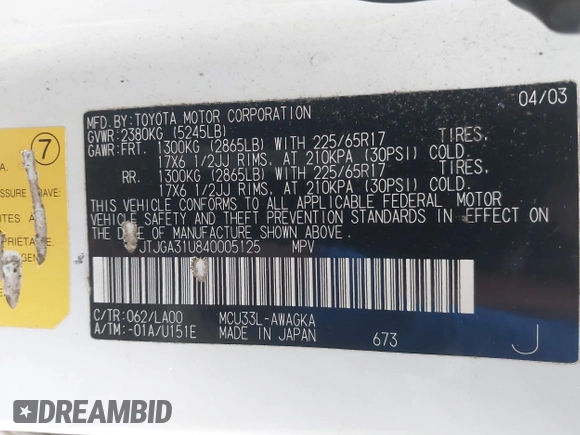 2004 Lexus RX with VIN JTJGA31U840005125, listed as a IAAI auction lot 40663178 with Not Provided miles. Bid and sale history available at carsss.com. Image 9.