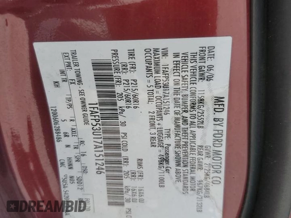 2007 Ford Taurus SE with VIN 1FAFP53U17A151246, listed as a Copart auction lot 60221955 with 284,321 mi miles and Salvage title. Bid and sale history available at DreamBid. Image 13.