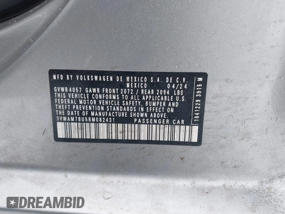 2024 Volkswagen Jetta Sport with VIN 3VWAM7BU5RM082431, listed as a IAAI auction lot 41465415 with 8,275 mi miles and . Bid and sale history available at DreamBid. Image 9.