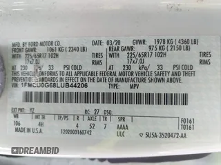 2020 Ford Escape SE with VIN 1FMCU0G68LUB44206, listed as a IAAI auction lot 42069354 with 95,117 mi miles and . Bid and sale history available at carsss.com. Image 9.