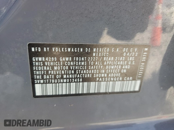 2022 Volkswagen Jetta GLI Autobahn with VIN 3VW1T7BU3NM013458, listed as a Copart auction lot 72317284 with 80,283 mi miles and Salvage title. Bid and sale history available at DreamBid. Image 12.