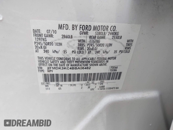 2011 Ford Edge Limited с VIN 2FMDK3KC4BBA06482, выставлен на аукционе IAAI как лот 42409178 с пробегом 220 057 миль миль и . История ставок и продаж доступна на DreamBid. Изображение 9.
