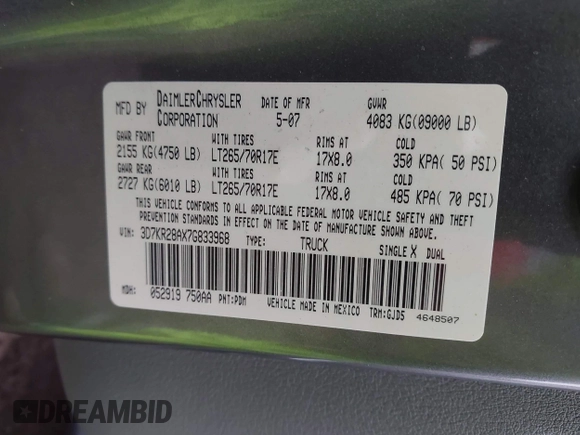 2007 Dodge 2500 SLT with VIN 3D7KR28AX7G833968, listed as a IAAI auction lot 41503866 with 172,958 mi miles and . Bid and sale history available at carsss.com. Image 9.