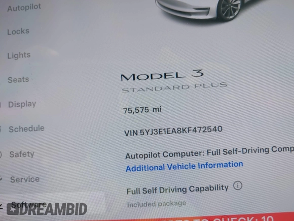 2019 Tesla Model 3 Mid Range with VIN 5YJ3E1EA8KF472540, listed as a IAAI auction lot 41661312 with 75,575 mi miles and . Bid and sale history available at DreamBid. Image 16.