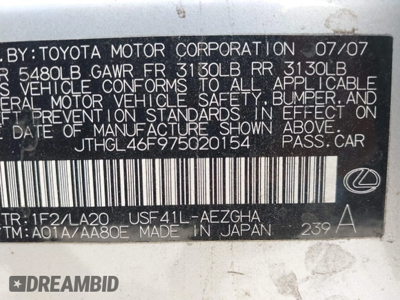 2007 Lexus LS 460 L with VIN JTHGL46F975020154, listed as a IAAI auction lot 42369197 with 136,158 mi miles and . Bid and sale history available at DreamBid. Image 9.