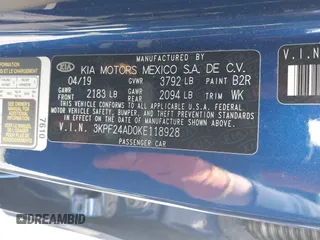 2019 Kia Forte LXS with VIN 3KPF24AD0KE118928, listed as a IAAI auction lot 39548504 with 43,573 mi miles. Bid and sale history available at carsss.com. Image 9.