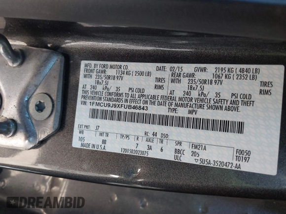 2015 Ford Escape Titanium with VIN 1FMCU9J9XFUB46843, listed as a IAAI auction lot 41800938 with 91,034 mi miles. Bid and sale history available at carsss.com. Image 9.