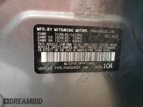 2023 Mitsubishi Mirage ES z VIN ML32FUFJ9PHF03882, wystawiony jako Copart lot #60725175 z przebiegiem 47 173 mil mil oraz Szkoda całkowita • Salvage title. Historia ofert i sprzedaży dostępna na DreamBid. Obrazek 12.
