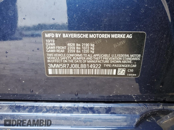 2020 BMW 3 Series 330i xDrive with VIN 3MW5R7J08L8B14922, listed as a Copart auction lot 58388405 with Not provided miles and Salvage title. Bid and sale history available at DreamBid. Image 12.