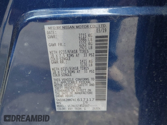 2019 Nissan Pathfinder SV z VIN 5N1DR2MM7KC617117, wystawiony jako IAAI lot #42342685 z przebiegiem 98 013 mil mil oraz . Historia ofert i sprzedaży dostępna na DreamBid. Obrazek 9.