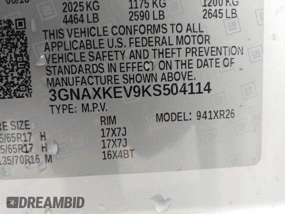 2019 Chevrolet Equinox LT z VIN 3GNAXKEV9KS504114, wystawiony jako IAAI lot #42353280 z przebiegiem 67 573 mil mil oraz . Historia ofert i sprzedaży dostępna na DreamBid. Obrazek 9.
