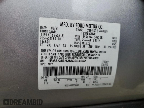 2021 Ford Explorer with VIN 1FMSK8BH2MGB34652, listed as a Copart auction lot 56477995 with 89,981 mi miles and Salvage title. Bid and sale history available at DreamBid. Image 13.