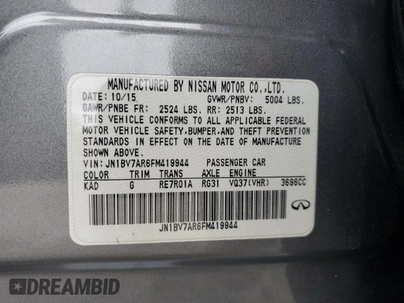 2015 Infiniti Q50 Premium with VIN JN1BV7AR6FM419944, listed as a Copart auction lot 55504355 with 101,886 mi miles and Salvage Title. Bid and sale history available at DreamBid. Image 12.
