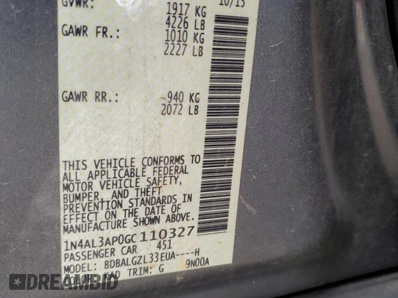 2016 Nissan Altima S with VIN 1N4AL3AP0GC110327, listed as a Copart auction lot 59045705 with 127,771 mi miles and Salvage title. Bid and sale history available at DreamBid. Image 13.
