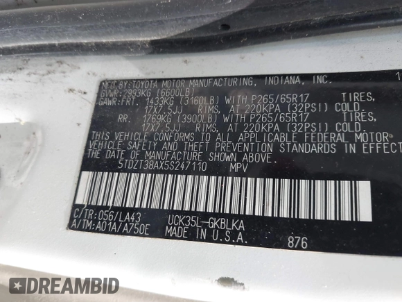 2005 Toyota Sequoia Limited with VIN 5TDZT38AX5S247110, listed as a IAAI auction lot 42072296 with 327,641 mi miles and . Bid and sale history available at DreamBid. Image 9.