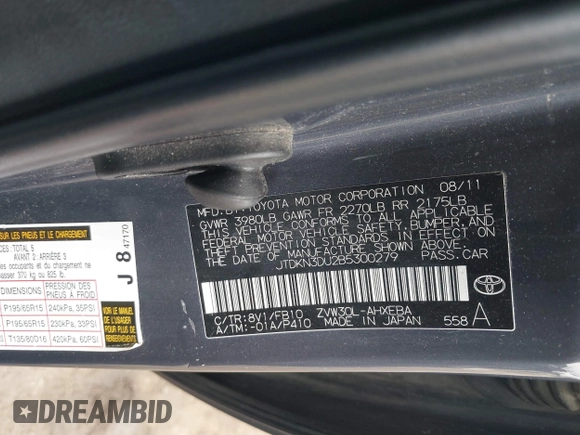 2011 Toyota Prius I with VIN JTDKN3DU2B5300279, listed as a IAAI auction lot 42030468 with 164,726 mi miles and . Bid and sale history available at DreamBid. Image 9.