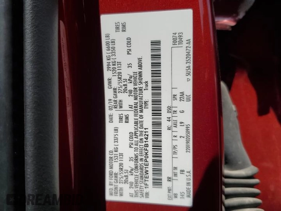 2019 Ford F-150 XL with VIN 1FTEW1EP0KFB14211, listed as a Copart auction lot 60712585 with 92,013 mi miles and Salvage title. Bid and sale history available at DreamBid. Image 12.