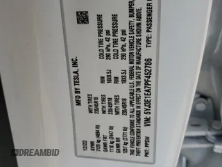 2023 Tesla Model 3 с VIN 5YJ3E1EA7PF452786, выставлен на аукционе Copart как лот 52570005 с пробегом 61 492 миль миль и Списание • Salvage title. История ставок и продаж доступна на DreamBid. Изображение 14.