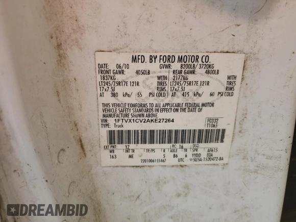 2010 Ford F-150 XL with VIN 1FTVX1CV2AKE27264, listed as a Copart auction lot 49683895 with 405,546 mi miles and Salvage title. Bid and sale history available at DreamBid. Image 12.