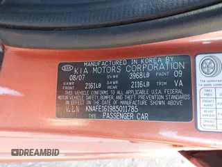 2008 Kia Spectra with VIN KNAFE161985011785, listed as a IAAI auction lot 41076914 with 49,912 mi miles and . Bid and sale history available at DreamBid. Image 9.