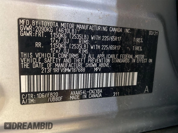 2021 Toyota RAV4 LE with VIN 2T3F1RFV9MW187688, listed as a IAAI auction lot 42861608 with 93,213 mi miles and . Bid and sale history available at DreamBid. Image 2.