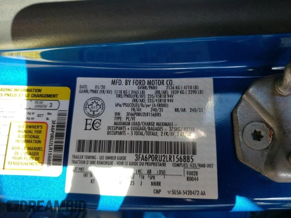 2020 Ford Fusion Hybrid Titanium with VIN 3FA6P0RU2LR156885, listed as a Copart auction lot 68011252 with 60,351 mi miles. Bid and sale history available at carsss.com. Image 14.