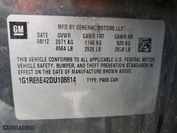 2013 Chevrolet Volt with VIN 1G1RE6E42DU108814, listed as a Copart auction lot 50838755 with 179,430 mi miles and Salvage Title. Bid and sale history available at carsss.com. Image 12.
