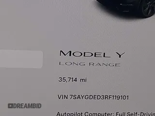 2024 Tesla Model Y with VIN 7SAYGDED3RF119101, listed as a IAAI auction lot 42019817 with 35,714 mi miles and . Bid and sale history available at DreamBid. Image 15.