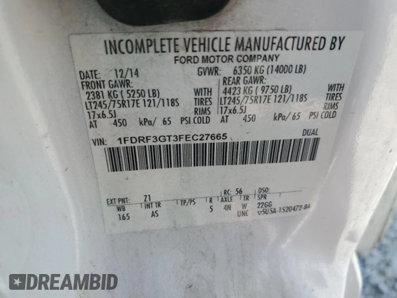 2015 Ford F-350 XL with VIN 1FDRF3GT3FEC27665, listed as a Copart auction lot 63334995 with 181,562 mi miles and Clean title. Bid and sale history available at DreamBid. Image 12.