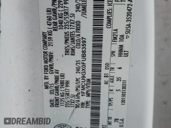 2015 Ford Escape SE with VIN 1FMCU9GX0FUB83597, listed as a Copart auction lot 52641005 with 200,835 mi miles and Salvage Title. Bid and sale history available at carsss.com. Image 14.