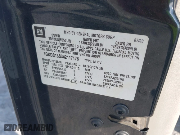 2004 GMC Envoy SLE with VIN 1GKDS13S342117178, listed as a IAAI auction lot 42164611 with 181,287 mi miles and . Bid and sale history available at DreamBid. Image 9.