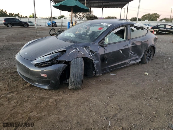 2023 Tesla Model 3 with VIN 5YJ3E1EA9PF642587, listed as a Copart auction lot 79334144 with 0 mi miles and Salvage Title. Bid and sale history available at carsss.com. Image 1.