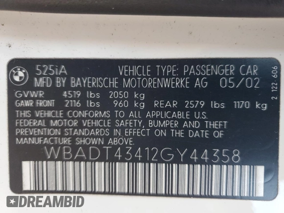 2002 BMW 5 Series 525iA with VIN WBADT43412GY44358, listed as a Copart auction lot 50822295 with 0 mi miles and Salvage Title. Bid and sale history available at carsss.com. Image 12.