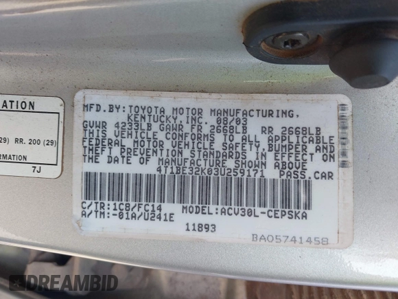 2003 Toyota Camry LE with VIN 4T1BE32K03U259171, listed as a IAAI auction lot 41912120 with 274,162 mi miles and . Bid and sale history available at DreamBid. Image 9.