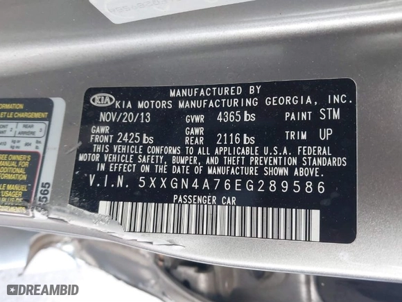 2014 Kia Optima EX with VIN 5XXGN4A76EG289586, listed as a IAAI auction lot 41536459 with 65,739 mi miles. Bid and sale history available at carsss.com. Image 9.